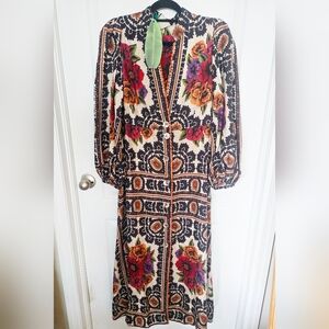 FARM Rio Black Floral Button-Front Midi Dress with Red, Orange & Purple Blooms